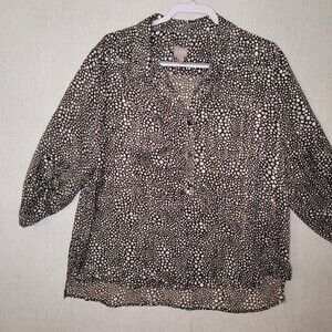 Chicos 3  Polka Dot Semi Sheer Pop Over Roll Tab Shirt Top Black White XL 16